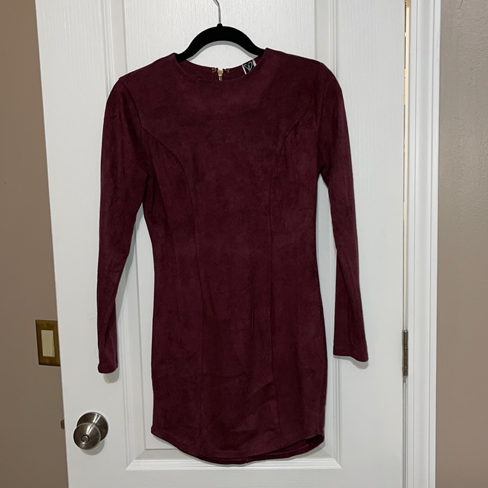 Suede curved hem mini dress -small